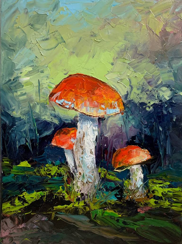 Fungi, orange-cap boletus Mushrooms. Original impasto, palette knife oil  painting. Painting by Vita Schagen