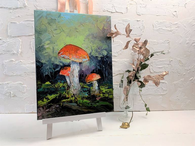 Fungi, orange-cap boletus Mushrooms. Original impasto, palette knife oil  painting. Painting by Vita Schagen