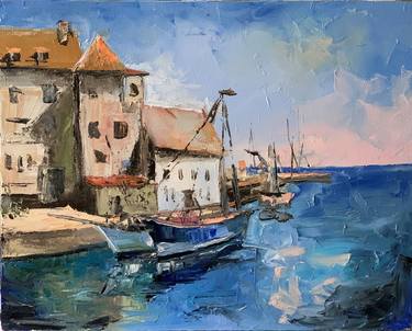 Harbour Seascape.Sail boats. Palette knife original oil painting. thumb