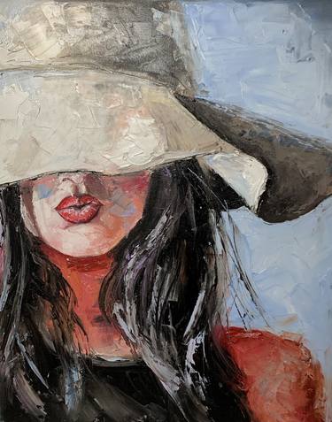 White hat. Woman Lips Portrait. Palette knife, Impasto. thumb