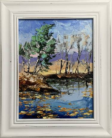 Landscape. Trees. Lake. Original oil painting. thumb