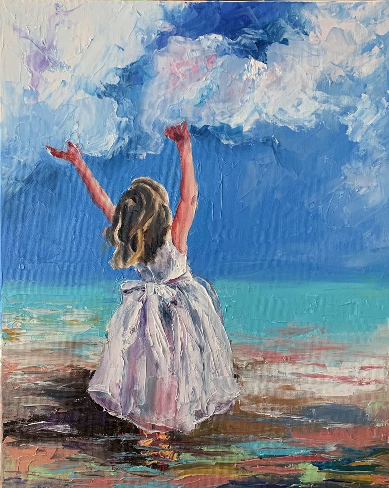 Original Oil painting Girl In the flower ocean