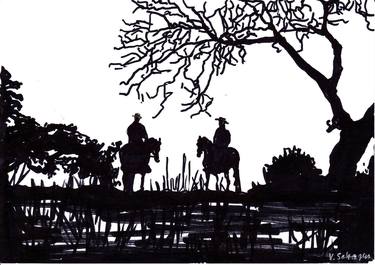 Cowboys on the horses. Silhouette. Black and White drawing. thumb