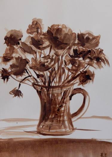 Coffee painting. Bouquet of flowers in a vase. thumb