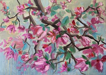 Magnolia blossom. Landscape. Original impasto oil painting. thumb