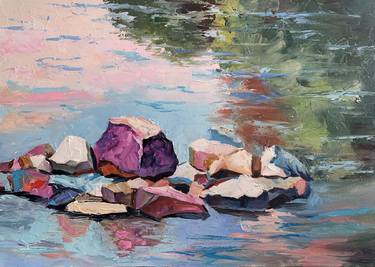 Rocks in the lake. Landscape. Original impasto painting. thumb