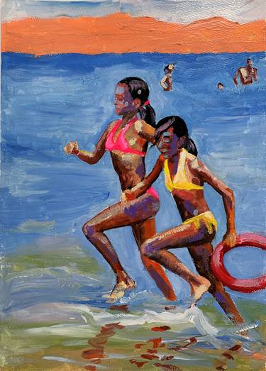 Girls on the beach. Vacation in Italy. Schetch. thumb