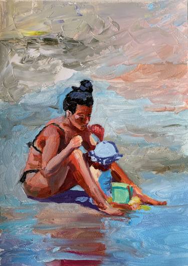 Vacation in Italy. Sketch. Mom with a kid on the beach.(2) thumb