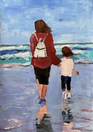 Vacation in Italy. Sketch. Mom with a kid on the beach.(3) thumb