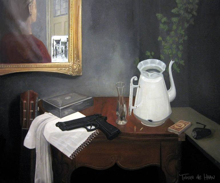 Still Life With Gun Guitar And Mirror Painting By Tobias De Haan