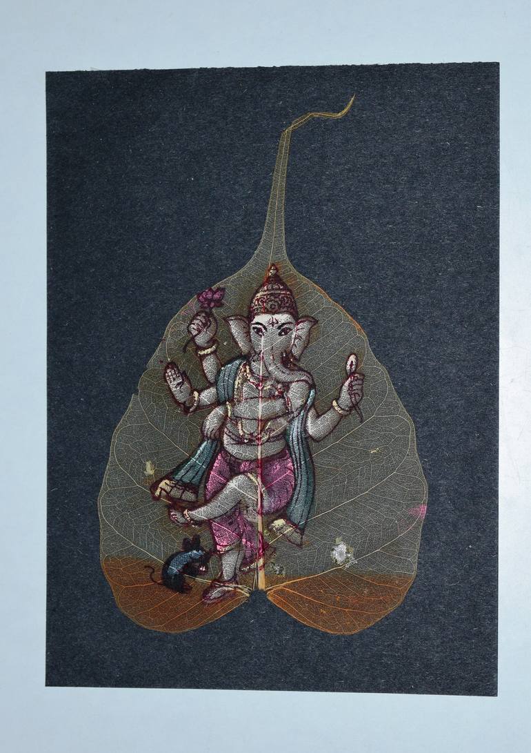 Painting of dancing Ganesha on leaf canvas Painting by H U Patel ...
