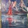 Modern jewel tones landscape painting. " RED SAIL BOAD " is a modern tonal landscape painting created with palette knives and non traditional tools. This painting has nice rich jewel tones and glowing light.