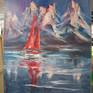 Modern jewel tones landscape painting. " RED SAIL BOAD " is a modern tonal landscape painting created with palette knives and non traditional tools. This painting has nice rich jewel tones and glowing light.