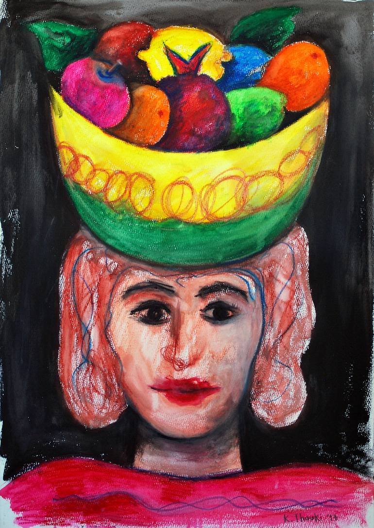 fruit bowl hat lady