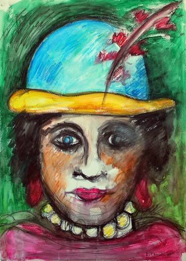 Woman with big blue hat with a feather thumb