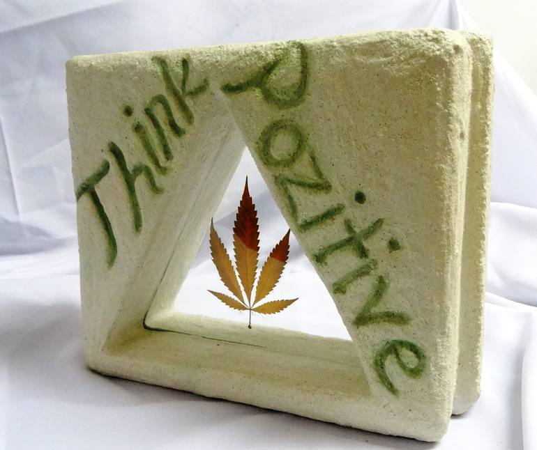 "Think PoZitive"material: aerated concrete,masonry glue,glass,Journal of Indian cannabis dim: 32cm l, 11cm w,  25 cm h mixed media,sculpture - Print