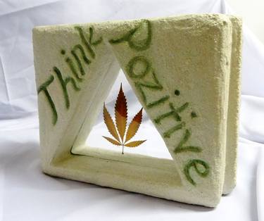 "Think PoZitive"material: aerated concrete,masonry glue,glass,Journal of Indian cannabis dim: 32cm l, 11cm w,  25 cm h mixed media,sculpture thumb