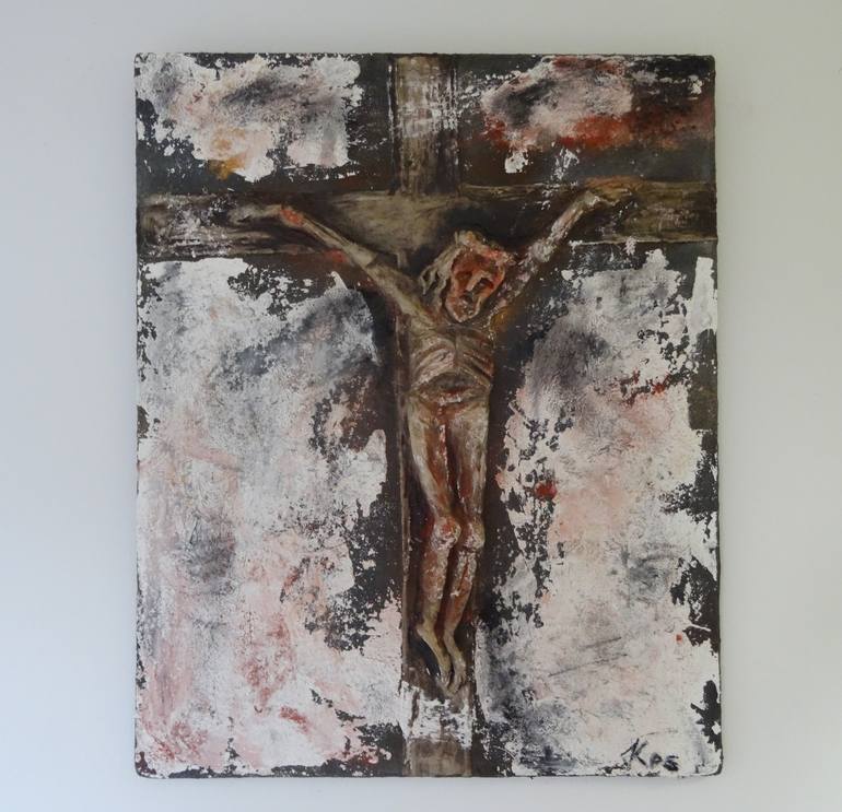 "JESUS" dim: 61,5 x 47,5 x 4 cm mixed media material: wood,paper,construction adhesive,acrylic colors... - Print