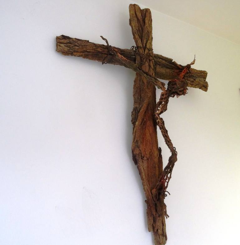 "JESUS" dim: 69 x 55 x 11 cm material: wood-bark, wire, construction adhesive,grout... - Print