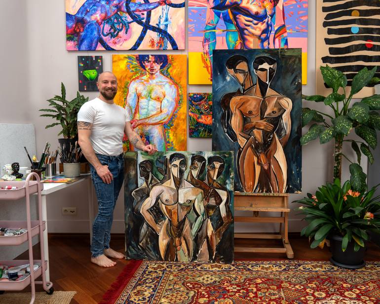 Original Cubism Men Painting by Oleksandr Balbyshev