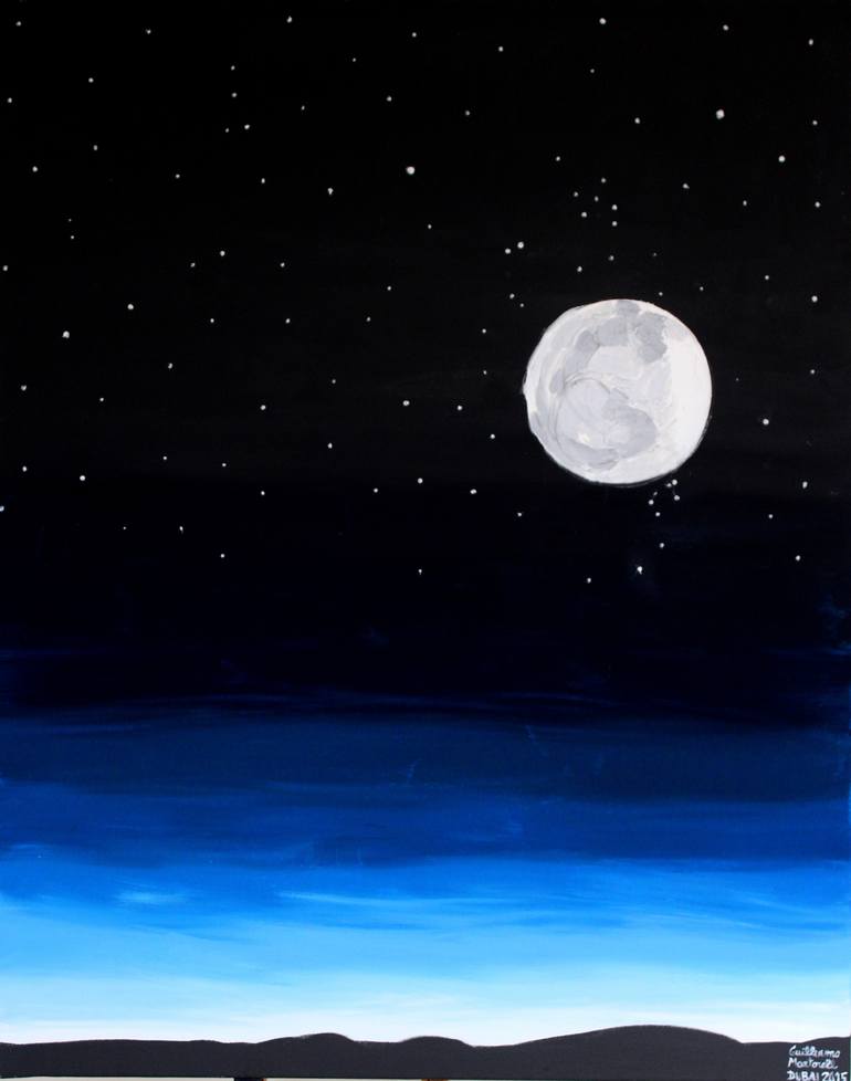 starry night sky with moon painting