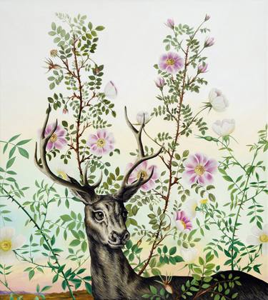 Deer in the wild rose thumb