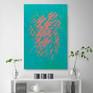 Bright abstract oil painting in mint blue and coral colors