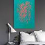 Bright abstract oil painting in mint blue and coral colors