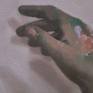 This artwork shows the situation in my studio after a very hard work - my dirty hands kept in special position;I hope that viewers can find their own interpretation of this painting;I used photography to it and used ,as usual oil paints