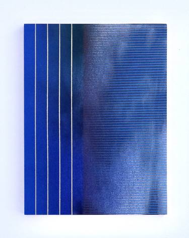 Mångata 32 (grid painting, abstract, geometric, wood, optical, atmospheric, gold, Art Deco, classic blue) thumb