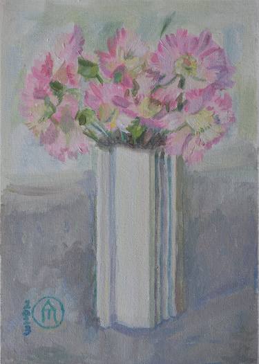 Pink Blooms in White Vase thumb