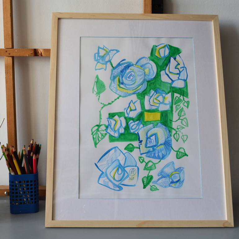 Original Art Deco Floral Drawing by Andreea- Mara Mancas
