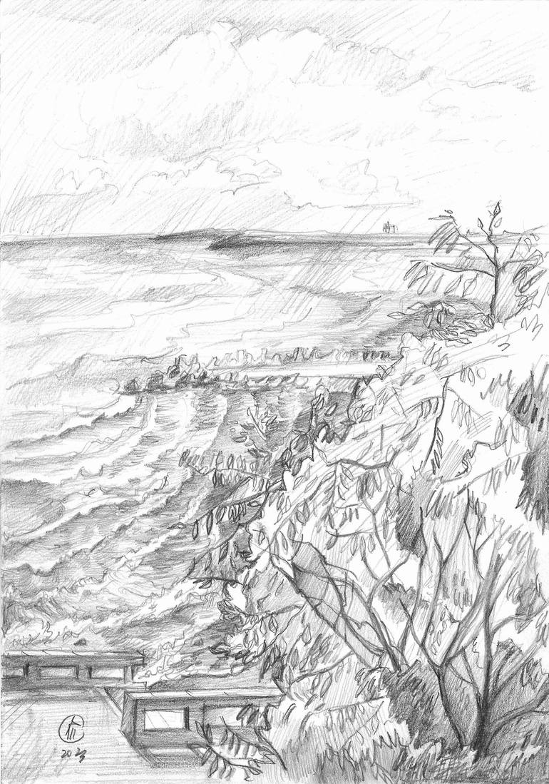 beach landscape pencil drawing