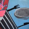 Acrylic, gouache and textile on linen canvas. The painting is shipped in a tube without stretchers.