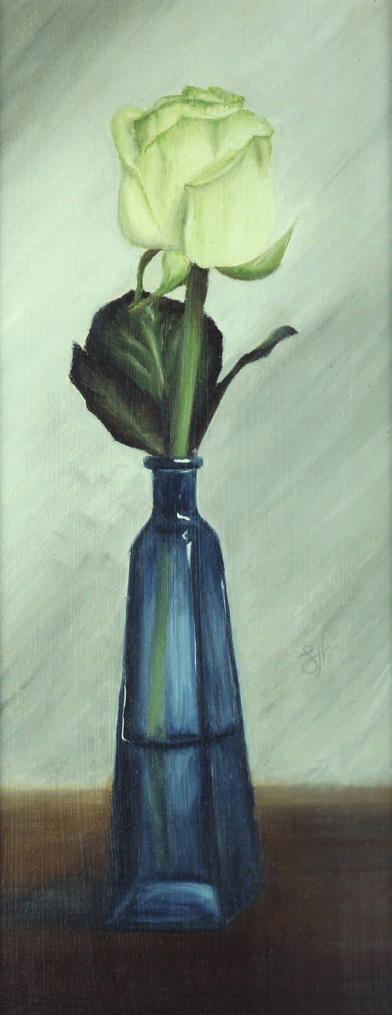 White Rose in Blue Bottle Painting by Sophie Hall | Saatchi Art