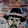 Representation of American-Italian anarchist activist Bartolomeo Vanzetti.
Handcut stencil, freestyle screenprint and spray paint on 370 g card.
Limited edition produced using manual printing techniques and spray paint.
Tones and shades are superimposed on each other in a radical departure from usual silkscreen printing techniques.
Executing this type of monoprint involves constant interplay between pre-production and then improvisation in the actual printing sessions. Original size: 35 x 50 cm. Unframed.