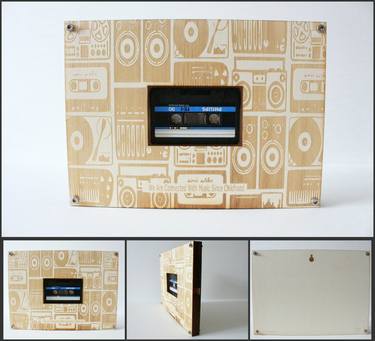 Engraved birch plywood installation frame with 1 cassette tape thumb