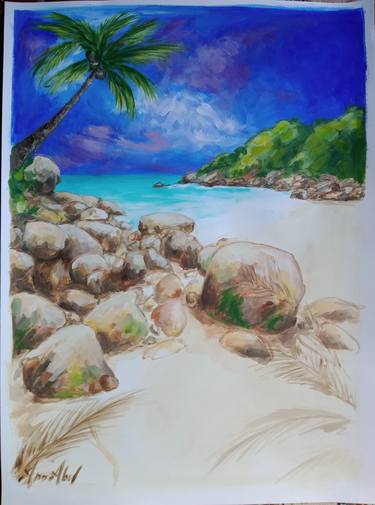Sketch. Palmiers sur le sable. Seychelles. thumb