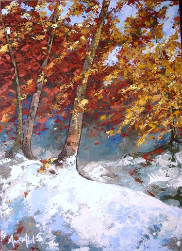 Gold leaves. Snow in Autumn. thumb