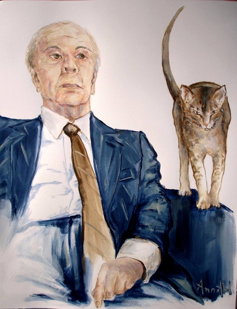 Jorge Luis Borges with cat. n*2. Painting by Ann Abel Iseux | Saatchi Art