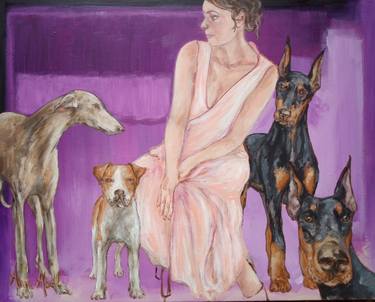 Ann Abel portrait with greyhound, Jack Russell and doberman. thumb
