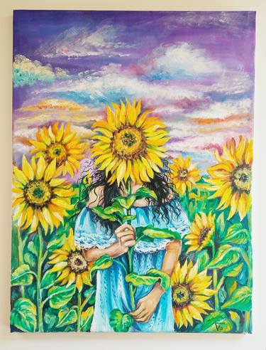 Floral oil painting on canvas. Sunflowers and a girl. 9 yellow flowers. Oil painting of sunflowers on easel. Nature and flower thumb