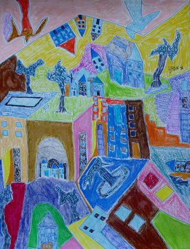 Original Abstract Expressionism Cities Drawings by Celine BRON