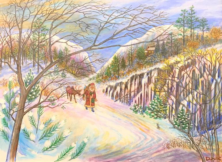 Original Christmas Painting by John Dunic | Impressionism Art on Canvas | Christmas Eve Journey