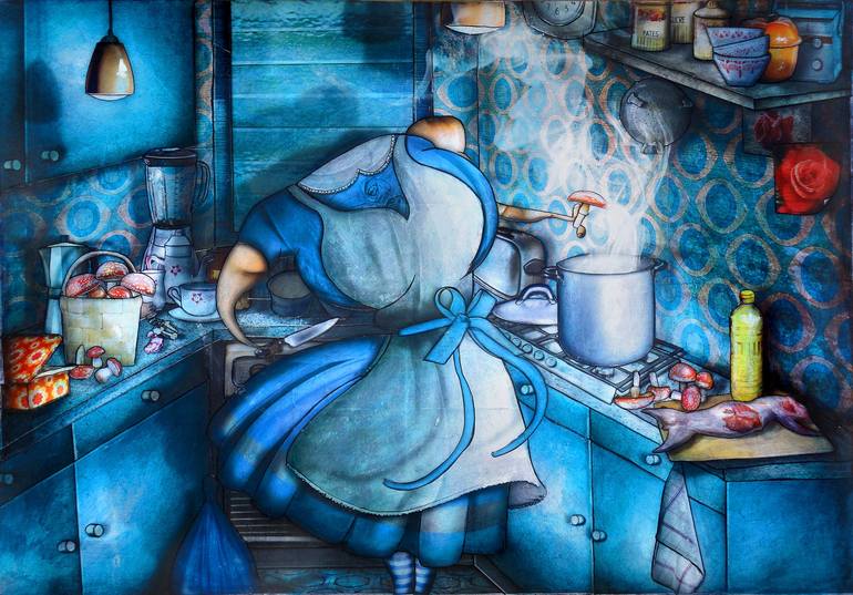 Alice in Wonderland in her kitchen Collage by Jeremie Baldocchi