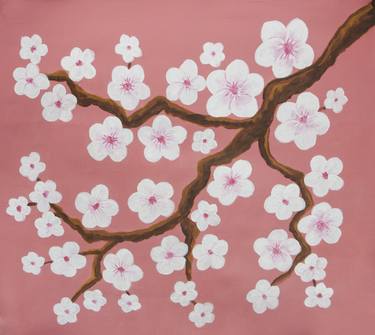 Branch with white flowers on pink thumb