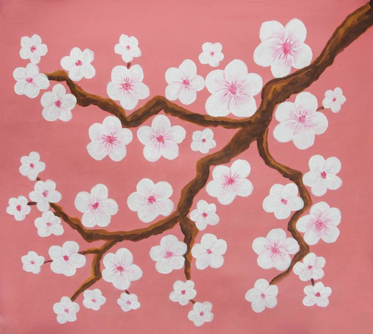 Original Floral Painting by Irina Afonskaya | Figurative Art on Canvas | Branch with white flowers on pink