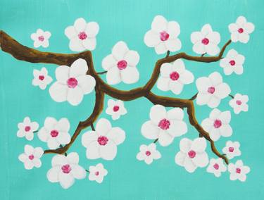 Branch with white spring flowers on turquoise thumb