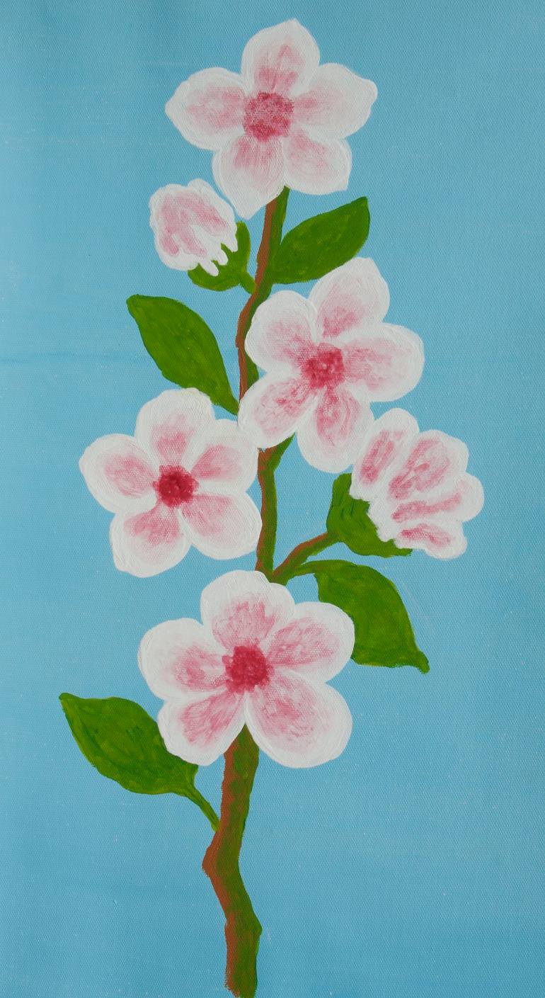 Original Floral Painting by Irina Afonskaya | Figurative Art on Canvas | Branch with pink-white flowers on blue