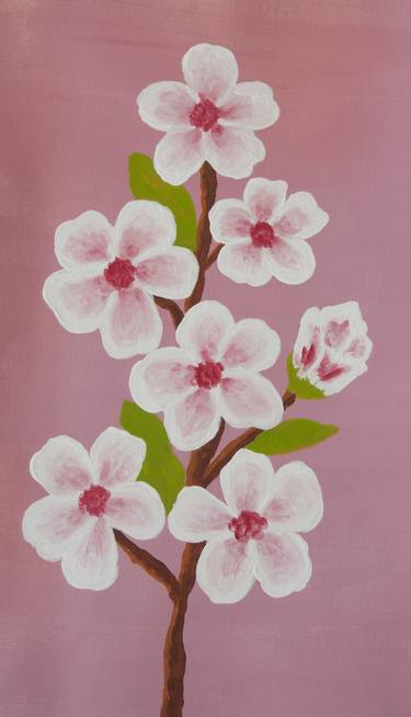 Branch with pink-white flowers on pink thumb